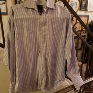 Tailorbyrd Pale Red and Blue Dress Shirt with Vertical Stripes